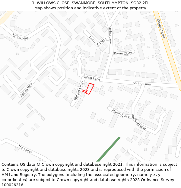 1, WILLOWS CLOSE, SWANMORE, SOUTHAMPTON, SO32 2EL: Location map and indicative extent of plot