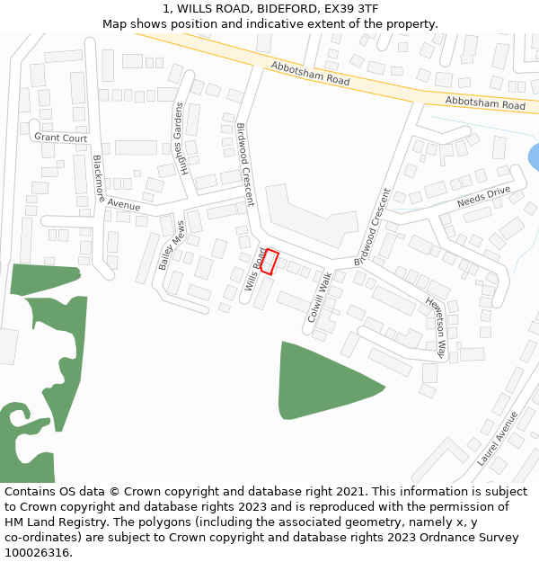 1, WILLS ROAD, BIDEFORD, EX39 3TF: Location map and indicative extent of plot
