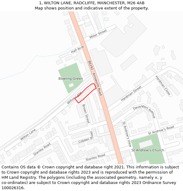 1, WILTON LANE, RADCLIFFE, MANCHESTER, M26 4AB: Location map and indicative extent of plot