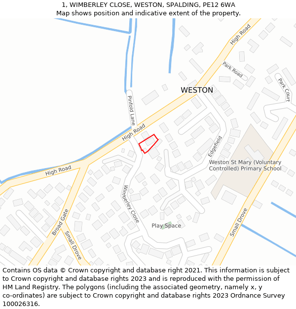 1, WIMBERLEY CLOSE, WESTON, SPALDING, PE12 6WA: Location map and indicative extent of plot