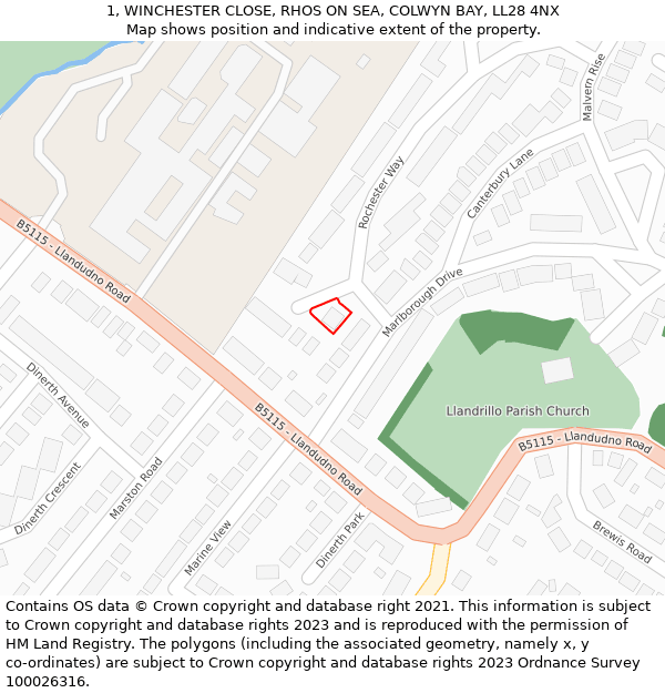 1, WINCHESTER CLOSE, RHOS ON SEA, COLWYN BAY, LL28 4NX: Location map and indicative extent of plot