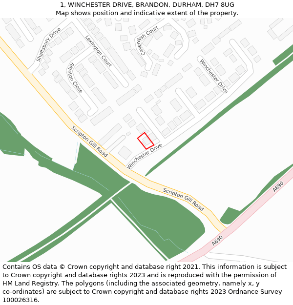 1, WINCHESTER DRIVE, BRANDON, DURHAM, DH7 8UG: Location map and indicative extent of plot