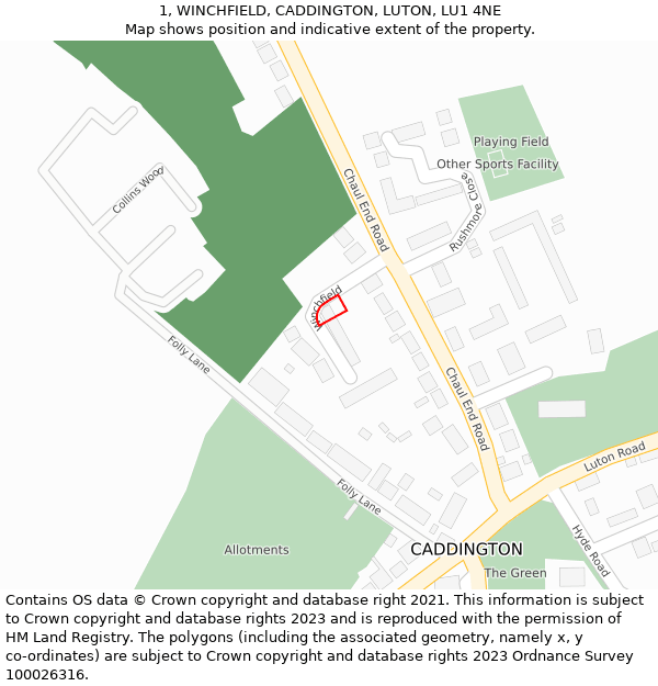 1, WINCHFIELD, CADDINGTON, LUTON, LU1 4NE: Location map and indicative extent of plot