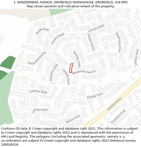 1, WINDERMERE AVENUE, DRONFIELD WOODHOUSE, DRONFIELD, S18 8PD: Location map and indicative extent of plot