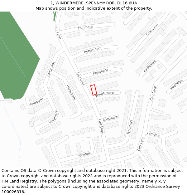 1, WINDERMERE, SPENNYMOOR, DL16 6UA: Location map and indicative extent of plot