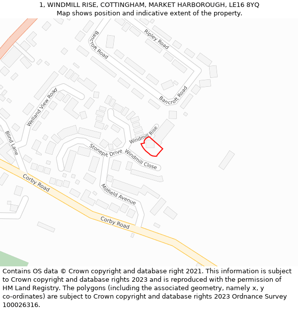 1, WINDMILL RISE, COTTINGHAM, MARKET HARBOROUGH, LE16 8YQ: Location map and indicative extent of plot