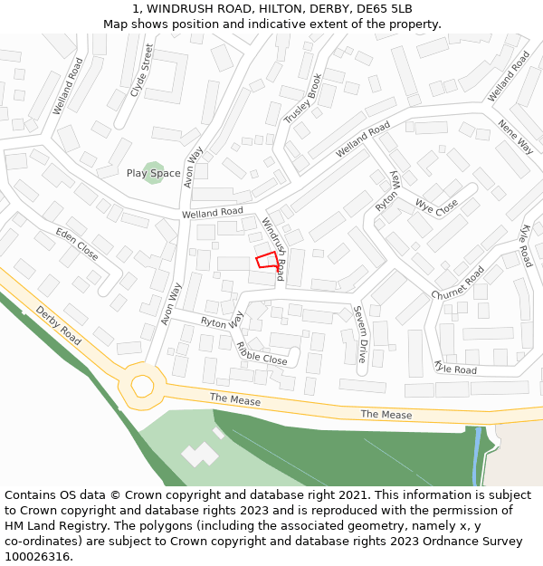 1, WINDRUSH ROAD, HILTON, DERBY, DE65 5LB: Location map and indicative extent of plot