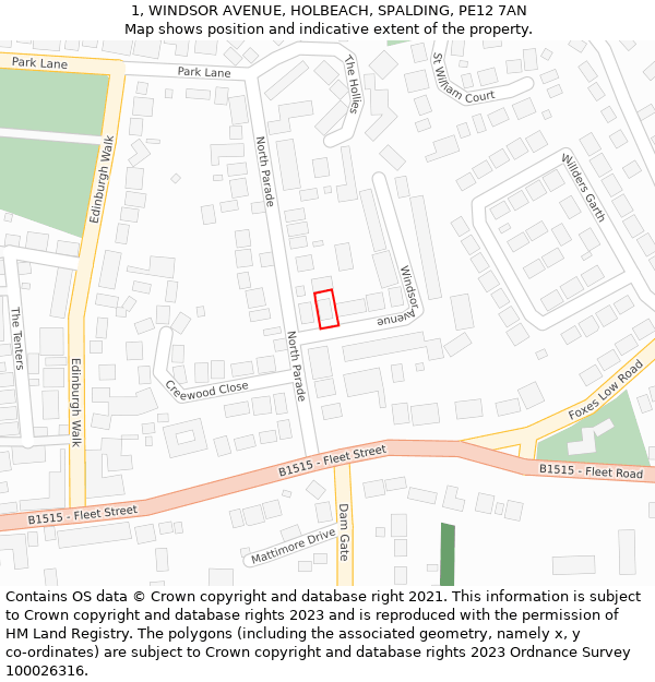1, WINDSOR AVENUE, HOLBEACH, SPALDING, PE12 7AN: Location map and indicative extent of plot