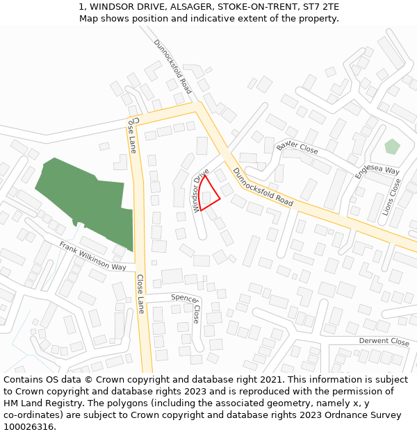 1, WINDSOR DRIVE, ALSAGER, STOKE-ON-TRENT, ST7 2TE: Location map and indicative extent of plot