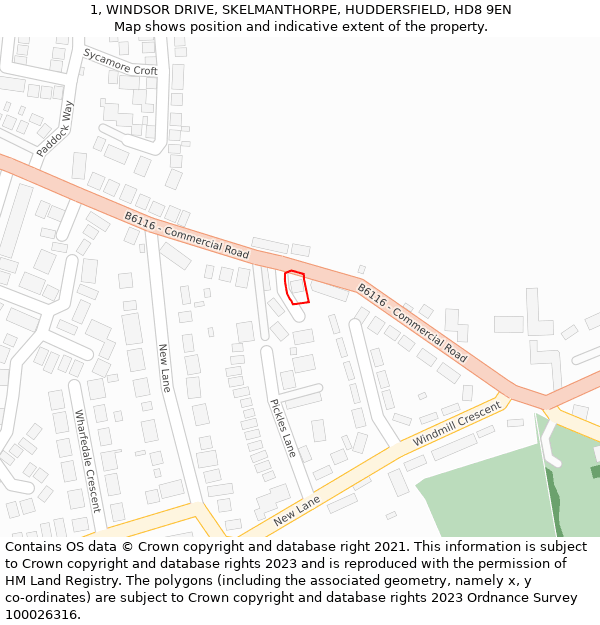 1, WINDSOR DRIVE, SKELMANTHORPE, HUDDERSFIELD, HD8 9EN: Location map and indicative extent of plot