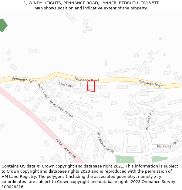 1, WINDY HEIGHTS, PENNANCE ROAD, LANNER, REDRUTH, TR16 5TF: Location map and indicative extent of plot