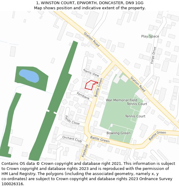 1, WINSTON COURT, EPWORTH, DONCASTER, DN9 1GG: Location map and indicative extent of plot