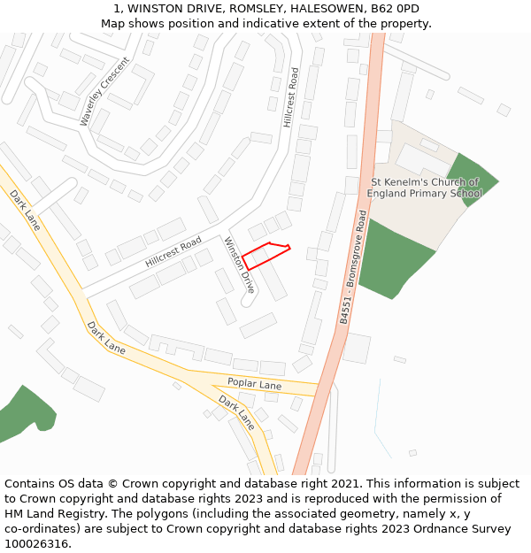 1, WINSTON DRIVE, ROMSLEY, HALESOWEN, B62 0PD: Location map and indicative extent of plot