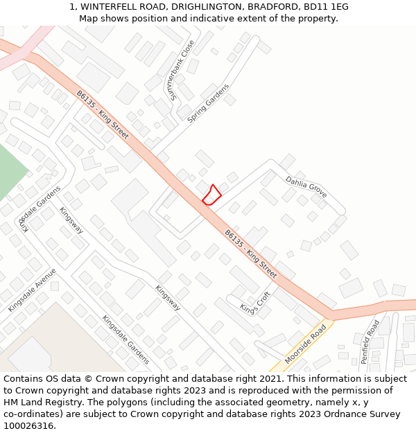 1, WINTERFELL ROAD, DRIGHLINGTON, BRADFORD, BD11 1EG: Location map and indicative extent of plot