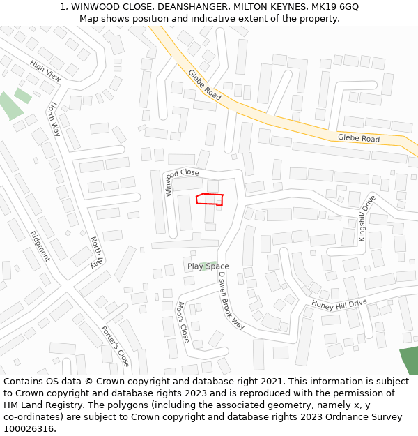 1, WINWOOD CLOSE, DEANSHANGER, MILTON KEYNES, MK19 6GQ: Location map and indicative extent of plot