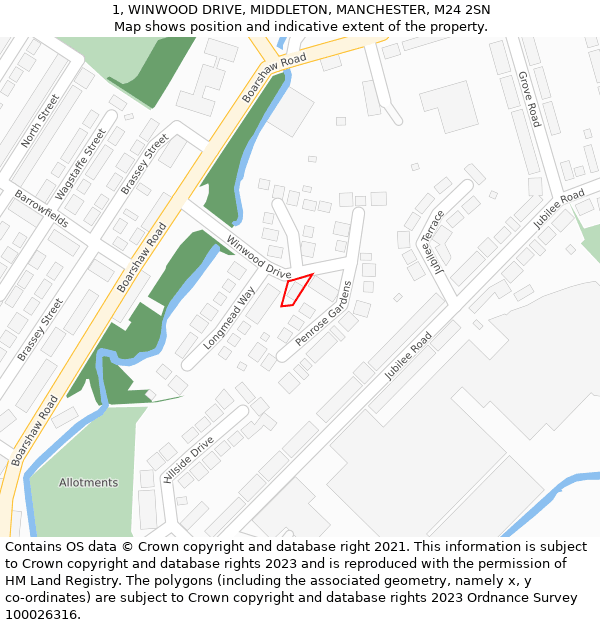 1, WINWOOD DRIVE, MIDDLETON, MANCHESTER, M24 2SN: Location map and indicative extent of plot