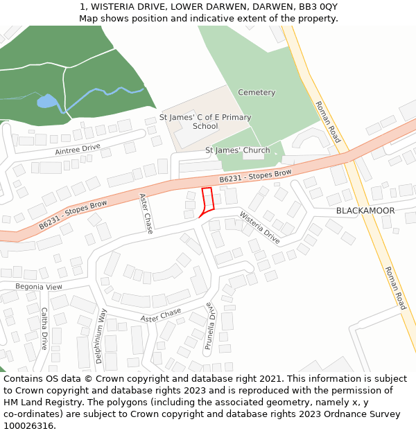 1, WISTERIA DRIVE, LOWER DARWEN, DARWEN, BB3 0QY: Location map and indicative extent of plot