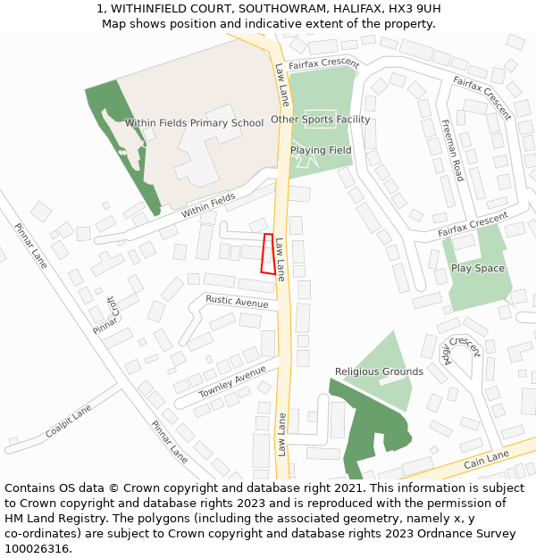 1, WITHINFIELD COURT, SOUTHOWRAM, HALIFAX, HX3 9UH: Location map and indicative extent of plot