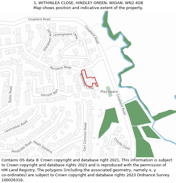 1, WITHINLEA CLOSE, HINDLEY GREEN, WIGAN, WN2 4GB: Location map and indicative extent of plot