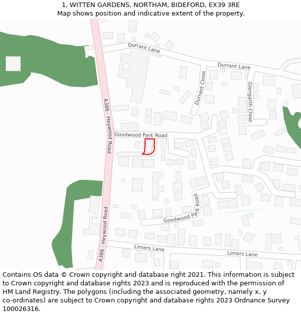 1, WITTEN GARDENS, NORTHAM, BIDEFORD, EX39 3RE: Location map and indicative extent of plot