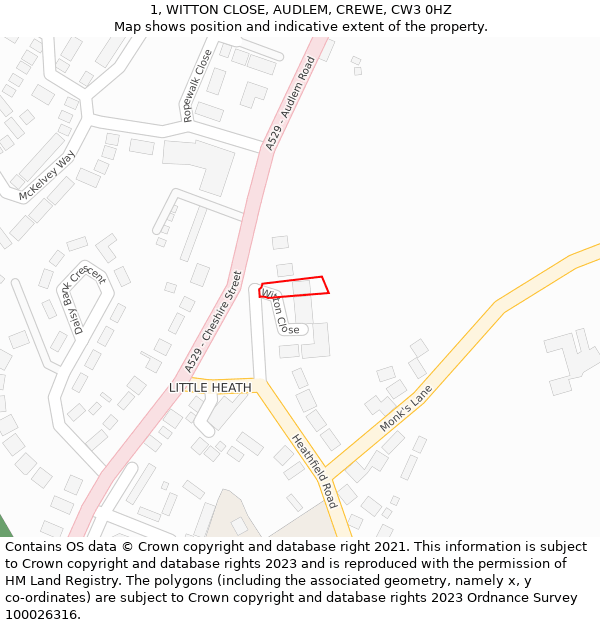 1, WITTON CLOSE, AUDLEM, CREWE, CW3 0HZ: Location map and indicative extent of plot