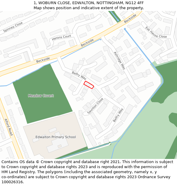 1, WOBURN CLOSE, EDWALTON, NOTTINGHAM, NG12 4FF: Location map and indicative extent of plot