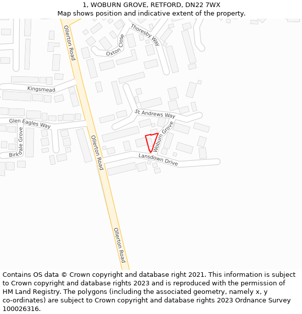 1, WOBURN GROVE, RETFORD, DN22 7WX: Location map and indicative extent of plot