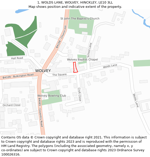 1, WOLDS LANE, WOLVEY, HINCKLEY, LE10 3LL: Location map and indicative extent of plot