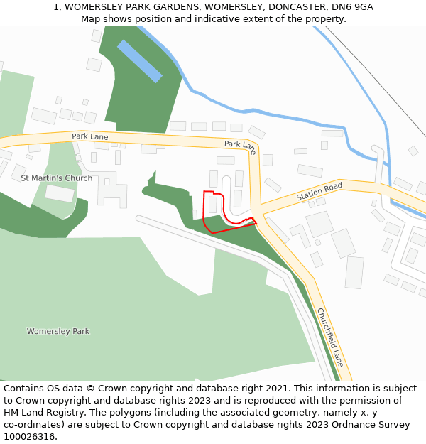 1, WOMERSLEY PARK GARDENS, WOMERSLEY, DONCASTER, DN6 9GA: Location map and indicative extent of plot