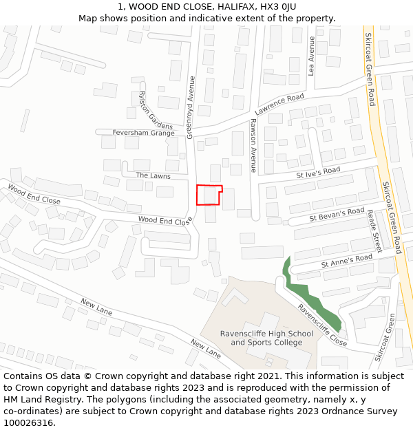 1, WOOD END CLOSE, HALIFAX, HX3 0JU: Location map and indicative extent of plot