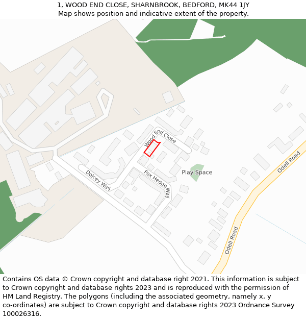 1, WOOD END CLOSE, SHARNBROOK, BEDFORD, MK44 1JY: Location map and indicative extent of plot