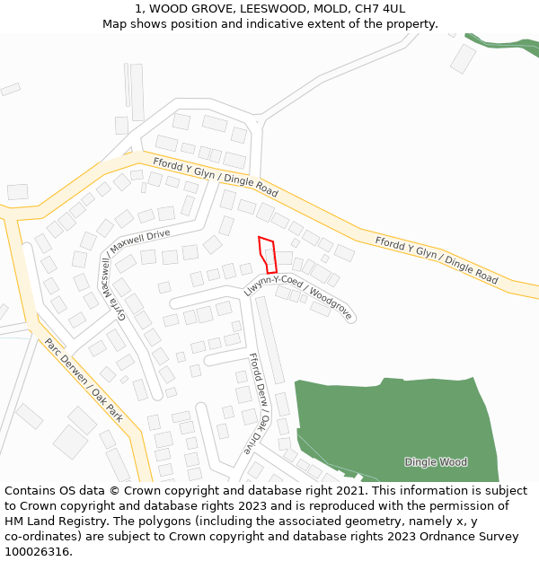 1, WOOD GROVE, LEESWOOD, MOLD, CH7 4UL: Location map and indicative extent of plot