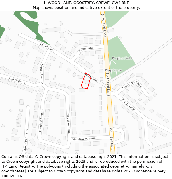 1, WOOD LANE, GOOSTREY, CREWE, CW4 8NE: Location map and indicative extent of plot