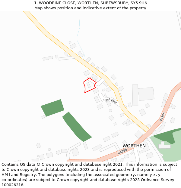 1, WOODBINE CLOSE, WORTHEN, SHREWSBURY, SY5 9HN: Location map and indicative extent of plot