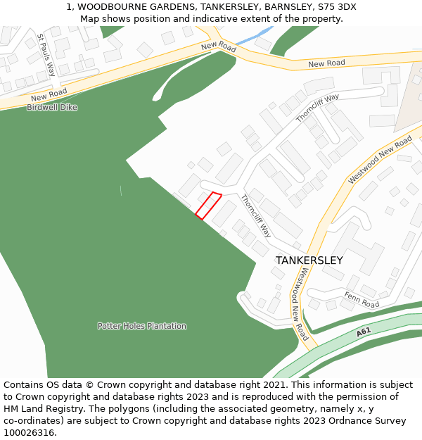 1, WOODBOURNE GARDENS, TANKERSLEY, BARNSLEY, S75 3DX: Location map and indicative extent of plot