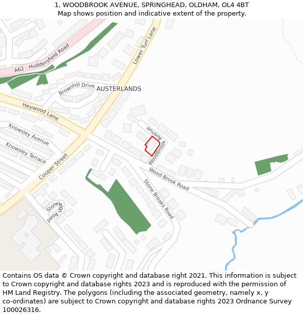 1, WOODBROOK AVENUE, SPRINGHEAD, OLDHAM, OL4 4BT: Location map and indicative extent of plot