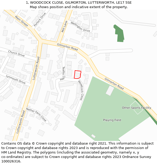 1, WOODCOCK CLOSE, GILMORTON, LUTTERWORTH, LE17 5SE: Location map and indicative extent of plot