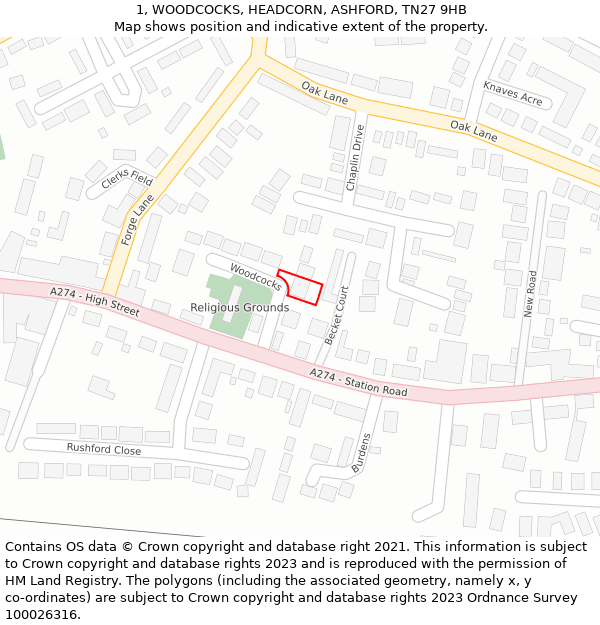 1, WOODCOCKS, HEADCORN, ASHFORD, TN27 9HB: Location map and indicative extent of plot