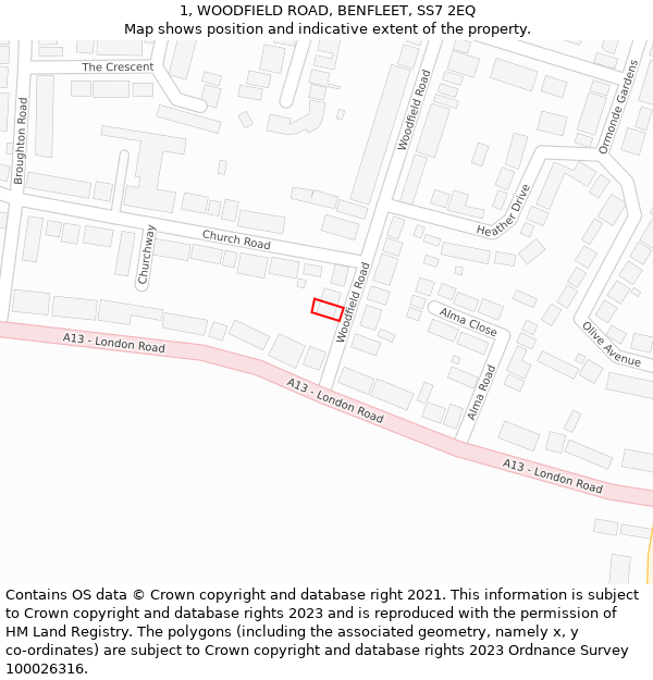 1, WOODFIELD ROAD, BENFLEET, SS7 2EQ: Location map and indicative extent of plot