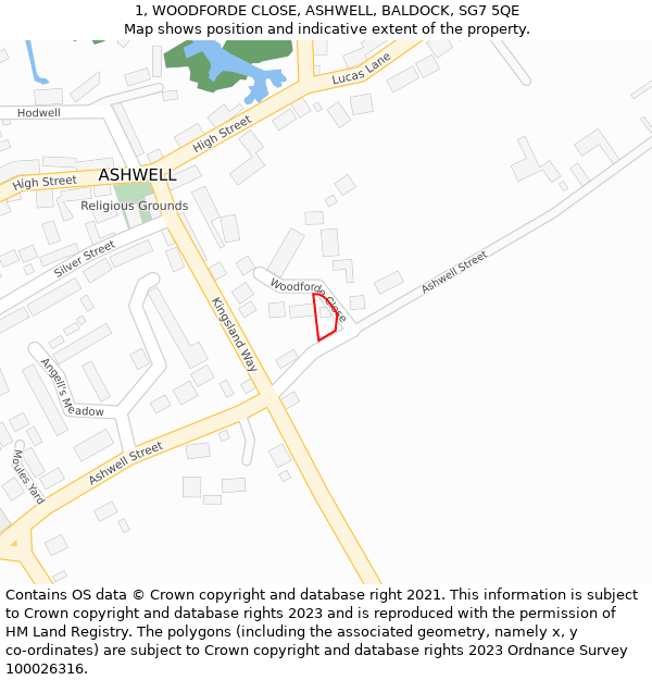 1, WOODFORDE CLOSE, ASHWELL, BALDOCK, SG7 5QE: Location map and indicative extent of plot