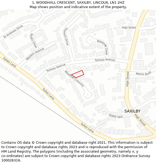 1, WOODHALL CRESCENT, SAXILBY, LINCOLN, LN1 2HZ: Location map and indicative extent of plot