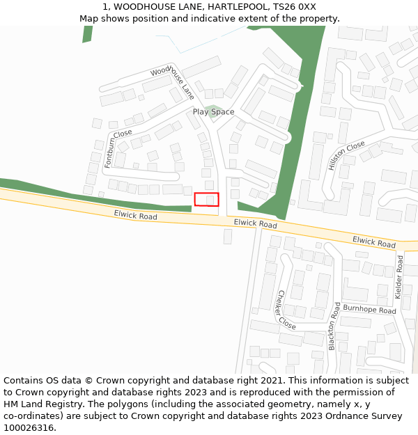 1, WOODHOUSE LANE, HARTLEPOOL, TS26 0XX: Location map and indicative extent of plot