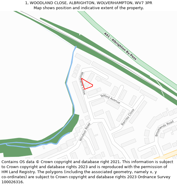 1, WOODLAND CLOSE, ALBRIGHTON, WOLVERHAMPTON, WV7 3PR: Location map and indicative extent of plot