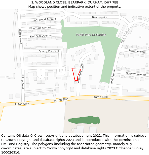 1, WOODLAND CLOSE, BEARPARK, DURHAM, DH7 7EB: Location map and indicative extent of plot