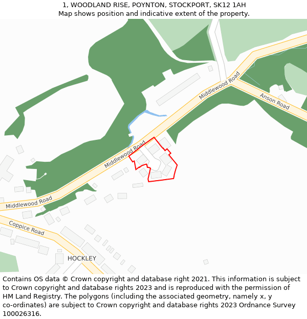 1, WOODLAND RISE, POYNTON, STOCKPORT, SK12 1AH: Location map and indicative extent of plot