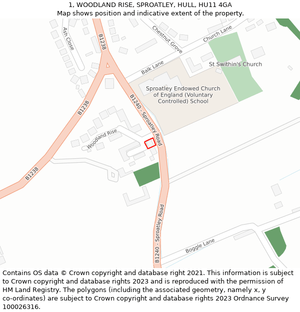 1, WOODLAND RISE, SPROATLEY, HULL, HU11 4GA: Location map and indicative extent of plot