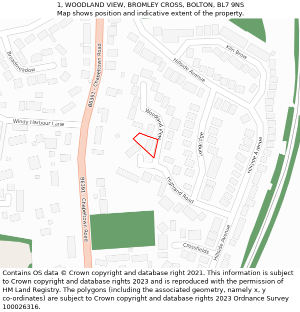 1, WOODLAND VIEW, BROMLEY CROSS, BOLTON, BL7 9NS: Location map and indicative extent of plot