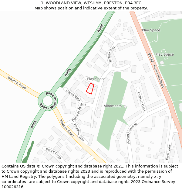 1, WOODLAND VIEW, WESHAM, PRESTON, PR4 3EG: Location map and indicative extent of plot