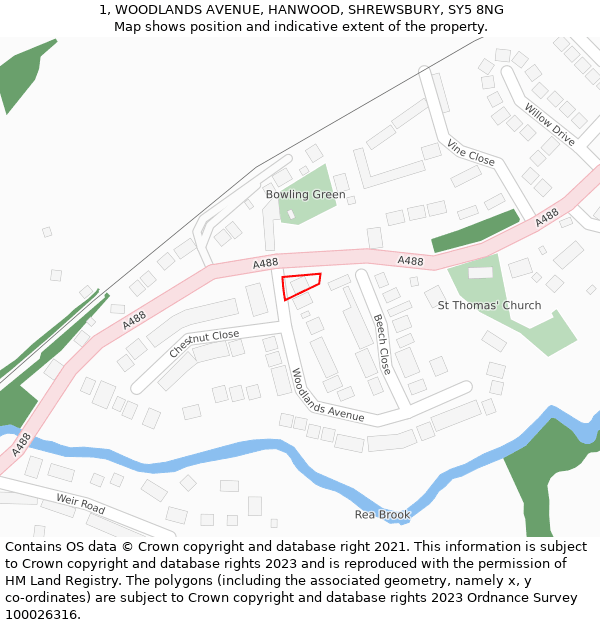 1, WOODLANDS AVENUE, HANWOOD, SHREWSBURY, SY5 8NG: Location map and indicative extent of plot