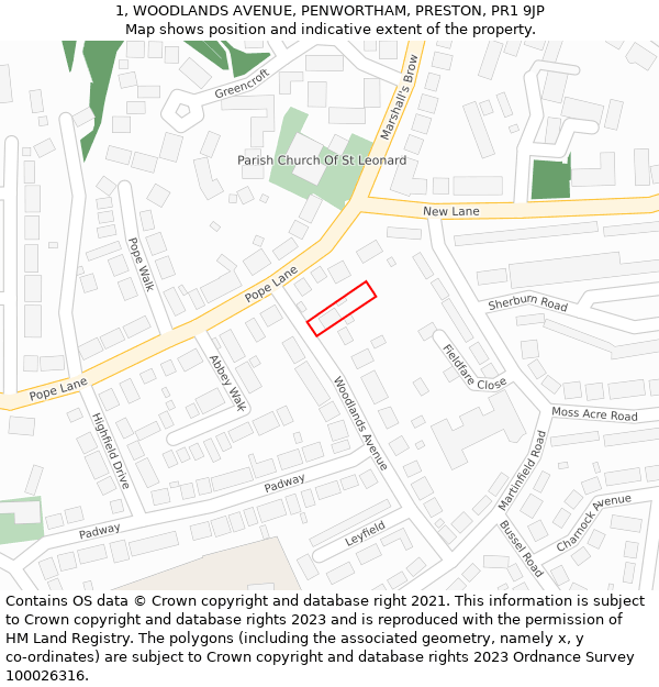 1, WOODLANDS AVENUE, PENWORTHAM, PRESTON, PR1 9JP: Location map and indicative extent of plot